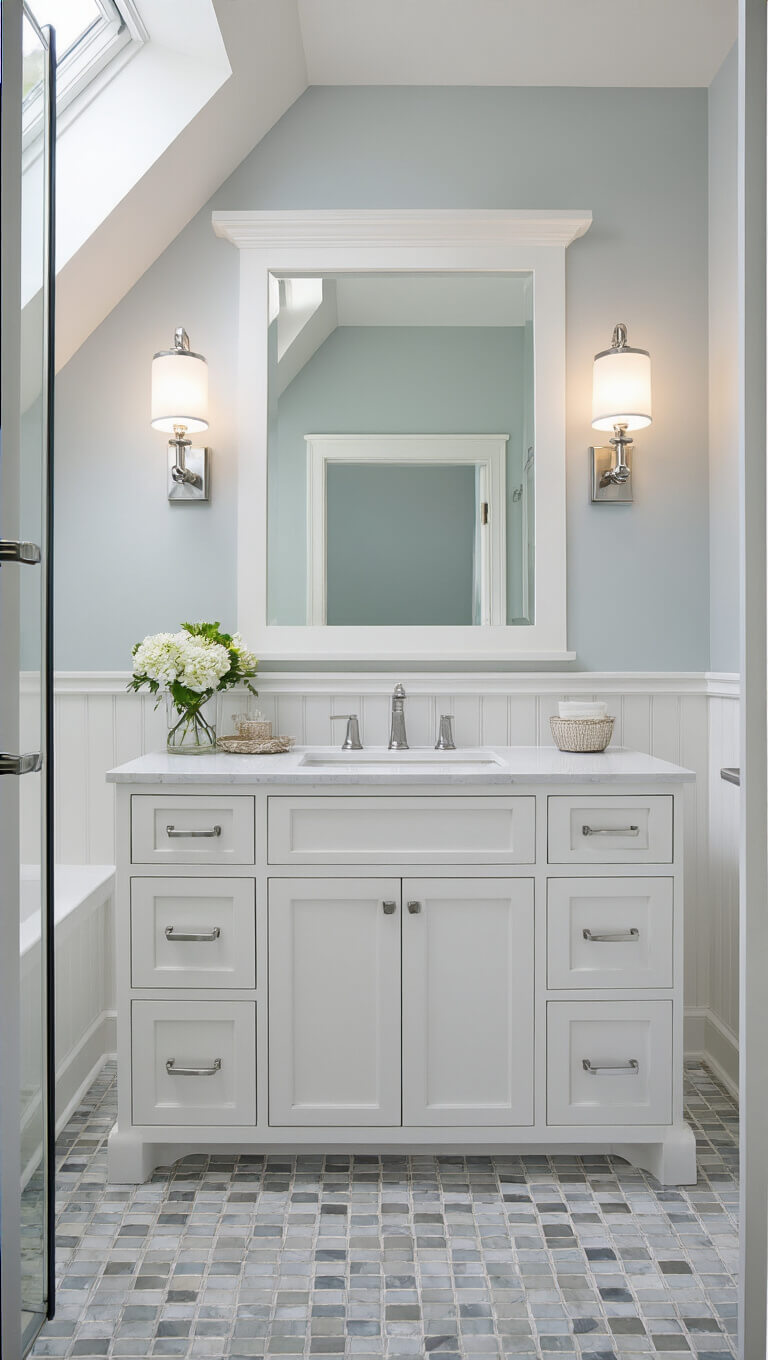 Coastal-style 8'x10' family bathroom with white shaker vanity, quartz waterfall countertop, soft blue-grey beadboard wainscoting, frameless mirror, seeded glass sconces, marble basketweave floor, and natural skylight illumination.