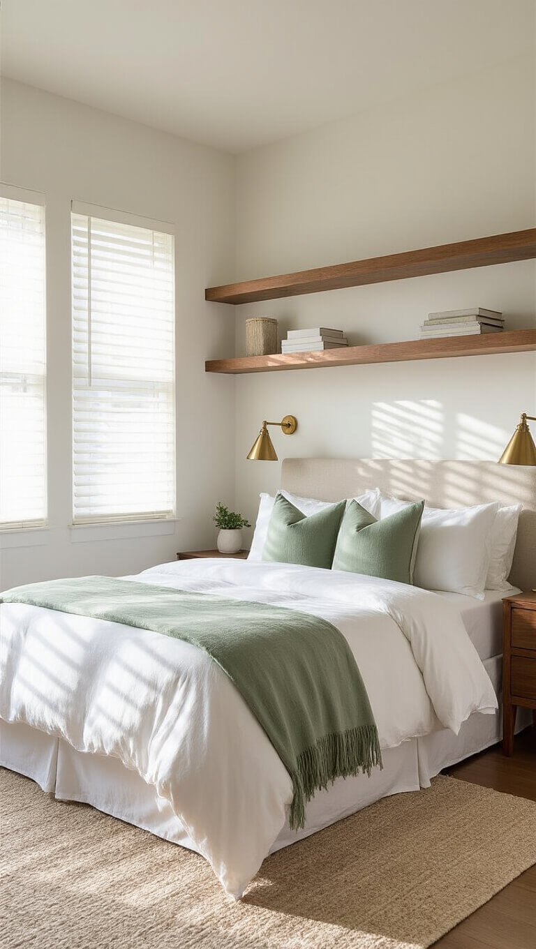 Sunlit 10x12ft bedroom at golden hour with white walls, queen bed in white and sage linens, floating walnut shelves, brass sconces, and sheer blinds softly diffusing light.