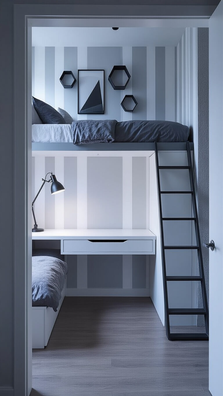 Modern small bedroom with loft bed and built-in desk, viewed from doorway under cool blue-hour lighting.