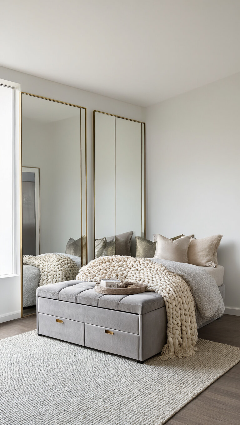 9x11ft bedroom with mirrored walls, dove gray velvet ottoman bed with visible storage drawers, marble-topped nightstand, and layered textures in soft cream and blue tones.