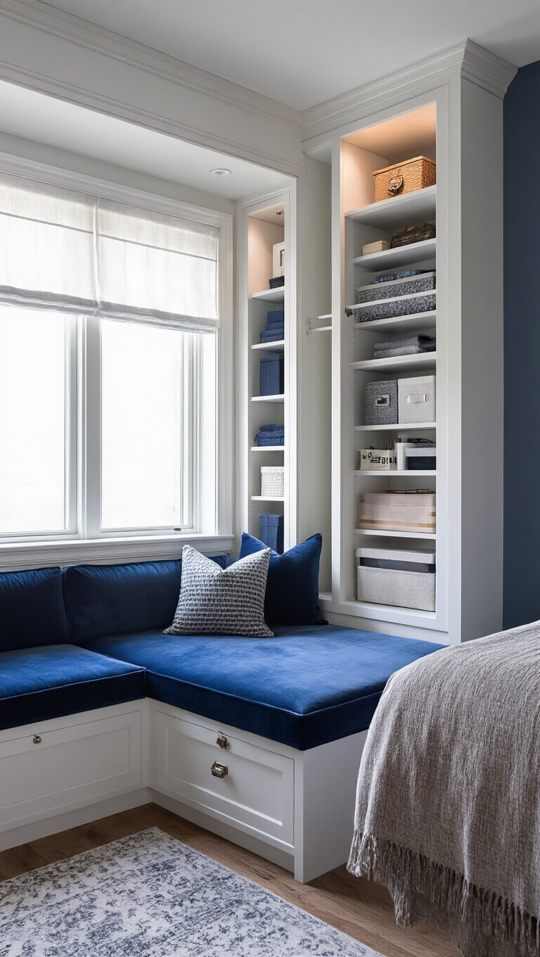 Cozy dusk-lit 10x10ft bedroom with navy velvet under-window storage bench, behind-door accessory organizer, warm white floor-to-ceiling built-ins, accent lighting, and blue-gray monochromatic decor.