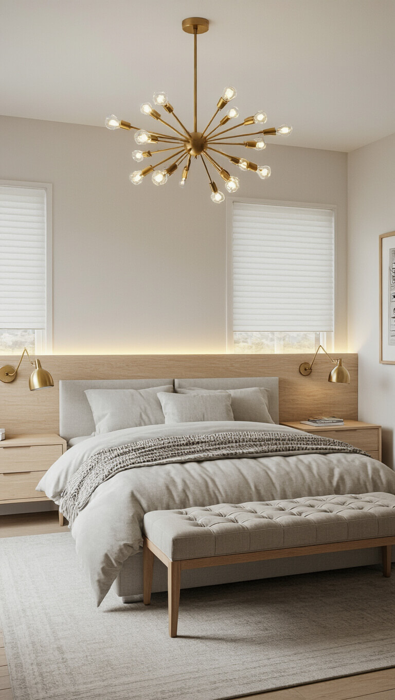 Corner view of an 8x12ft bedroom with layered lighting, including a sputnik chandelier, LED backlit headboard, brass bedside lamps, and golden evening light through cellular shades.