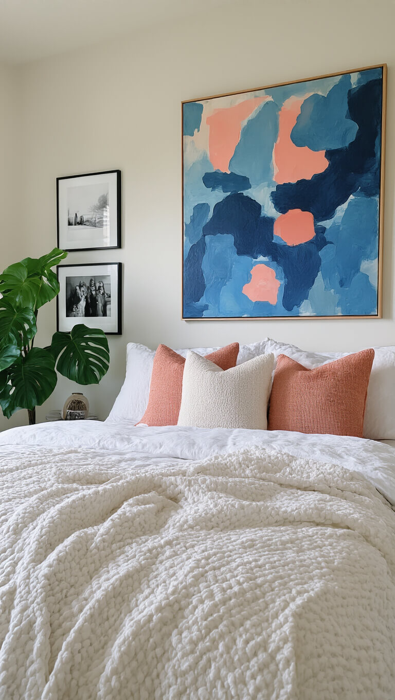 Stylish 9x10ft bedroom with abstract canvas, white textured bedding, monstera plant, and gallery wall in warm natural light.