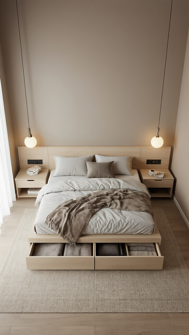 Minimalist 8x11ft bedroom with bleached oak platform bed, integrated nightstands, hidden storage, warm greige walls, and ambient accent lighting seen from above.