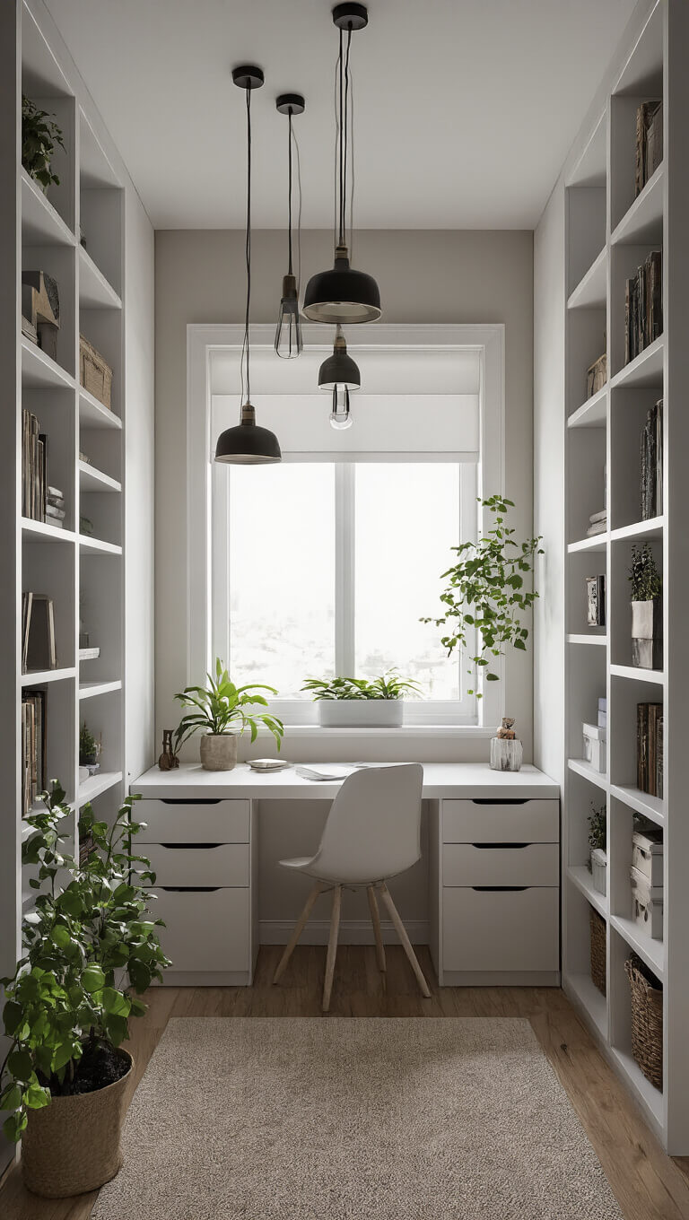 Twilight-lit bedroom with floor-to-ceiling white shelves, central window, floating desk-nightstand, pendant lights, and green plants enhancing a neutral color scheme.
