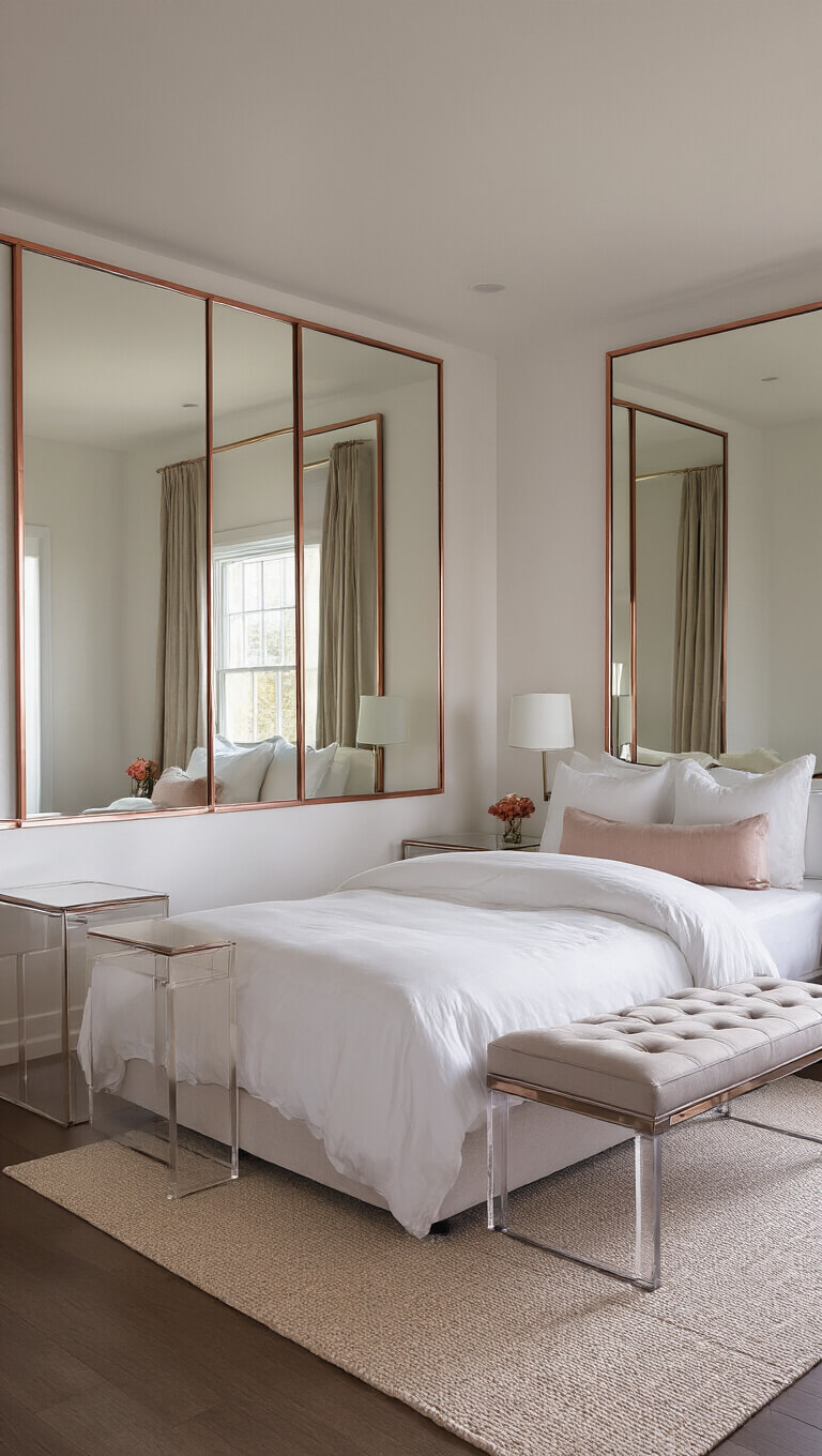 Bright 9x9ft bedroom with queen bed, three oversized mirrors, Lucite nightstands, and rose gold accents, shot from low angle to highlight spaciousness and airy feel.