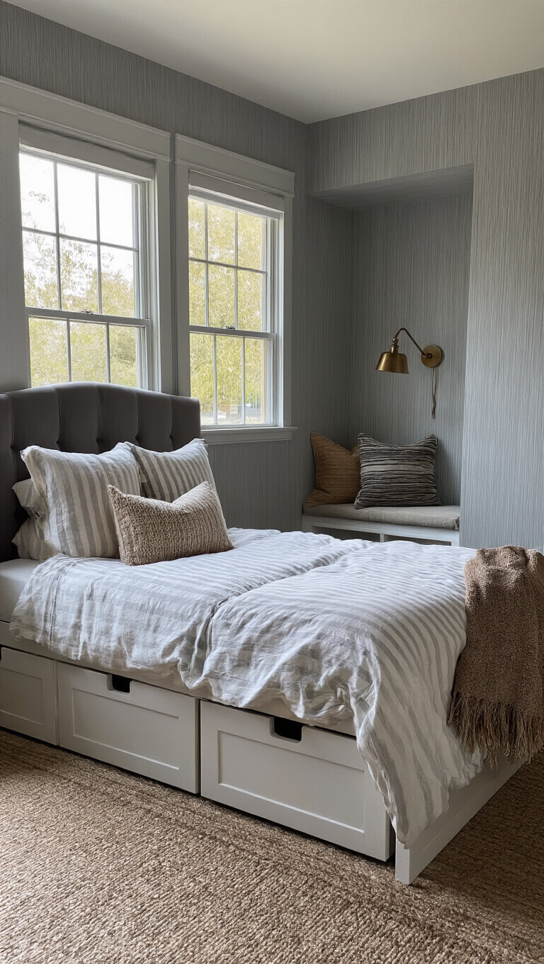 Cozy 8x10ft bedroom at blue hour with bed under window, storage drawers beneath, gray striped wallpaper, reading nook with sconce, and textured velvet, woven, and grasscloth accents.