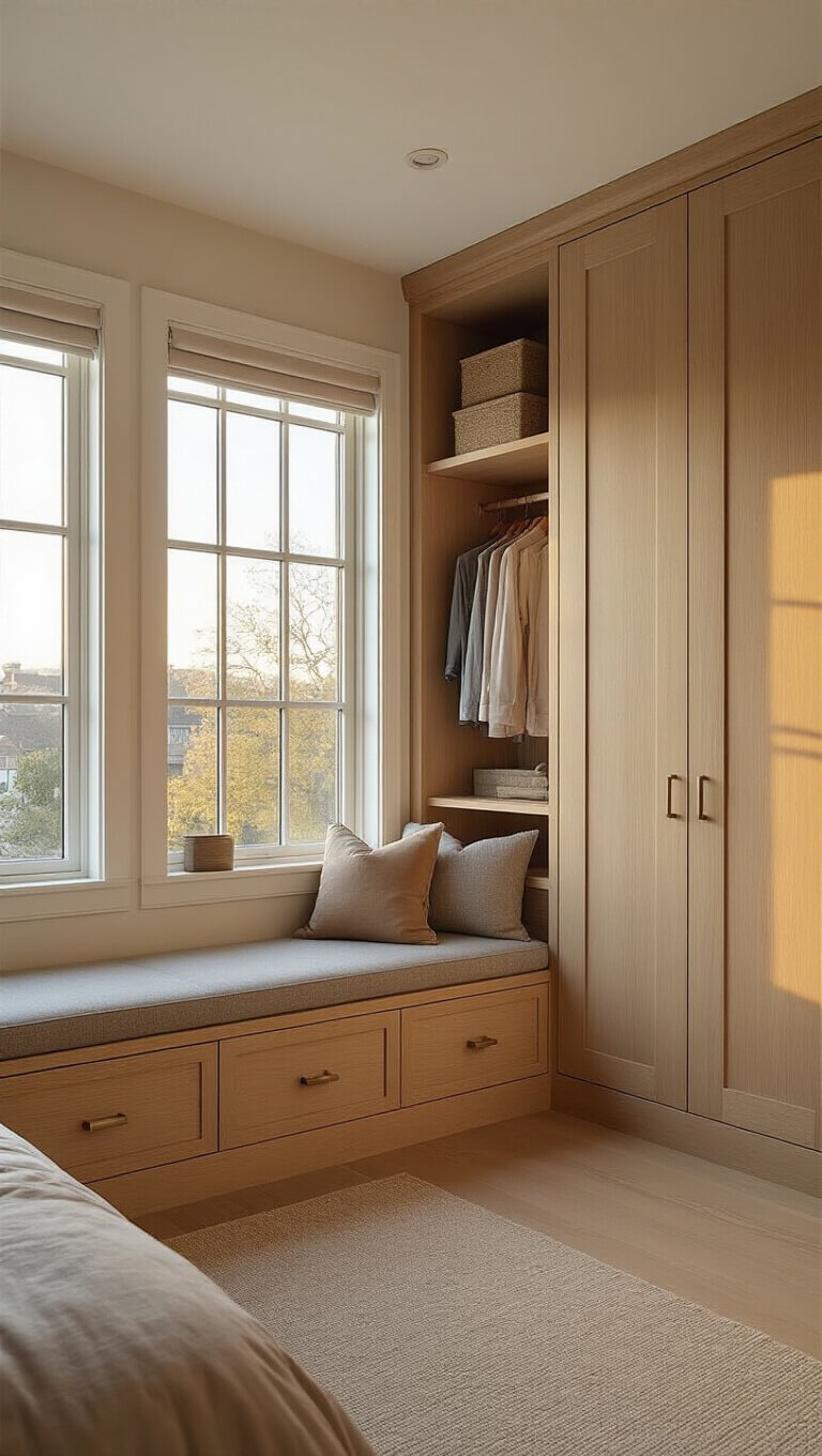 9x12ft bedroom with custom window seat drawers, light oak built-in wardrobe, hidden magnetic organizer, and warm golden hour lighting highlighting smart storage design.