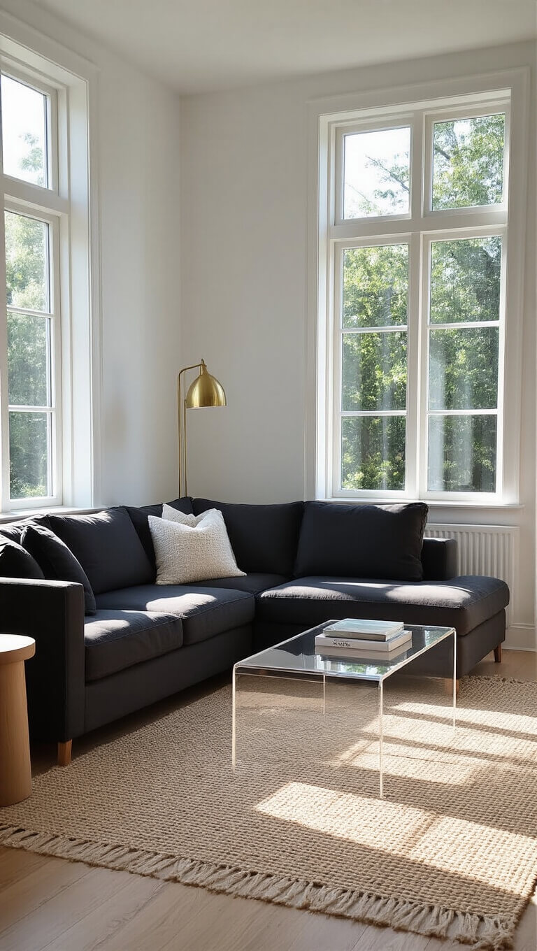 Modern Scandinavian living room with charcoal L-shaped sofa, white walls, cream jute rug, and large windows letting in natural light.