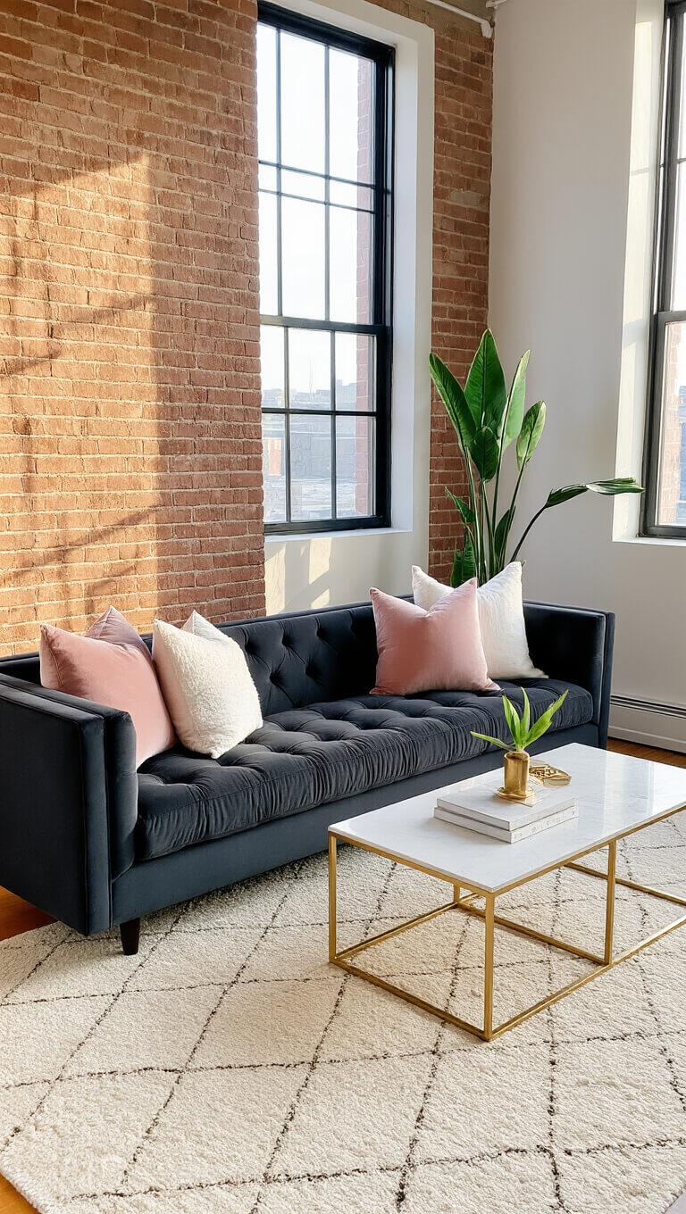 Low-angle view of a stylish urban living space with a dark grey tufted sofa, blush pink and white pillows, brass coffee table on an ivory Moroccan rug, exposed brick wall, floor-to-ceiling windows casting golden hour light and shadows, and a bird of paradise plant in the corner.