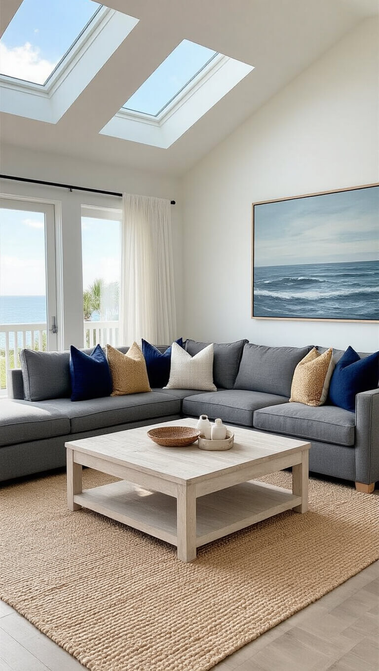 Coastal modern living room with vaulted ceilings, charcoal grey sectional, textured pillows, whitewashed coffee table on sisal rug, seascape art, and skylight lighting.