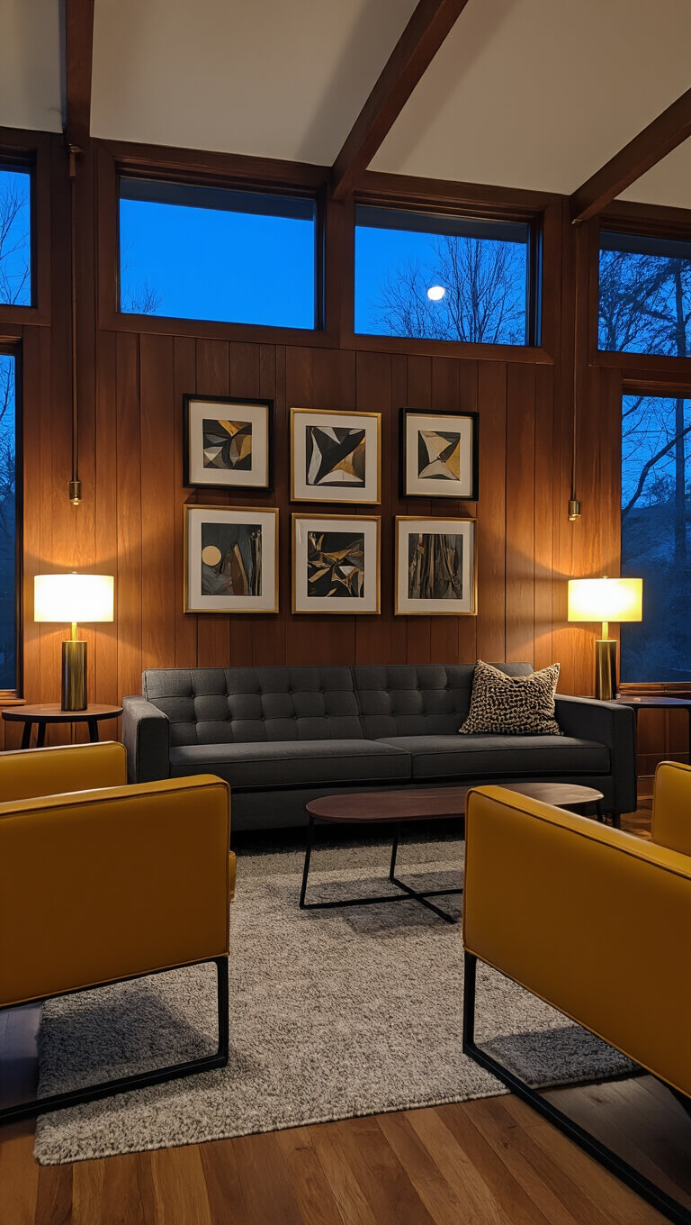 Mid-century modern den with wood-paneled walls, dark grey tufted sofa, mustard leather chairs, brass-framed abstract art, and warm ambient lighting in a cozy dusk setting.