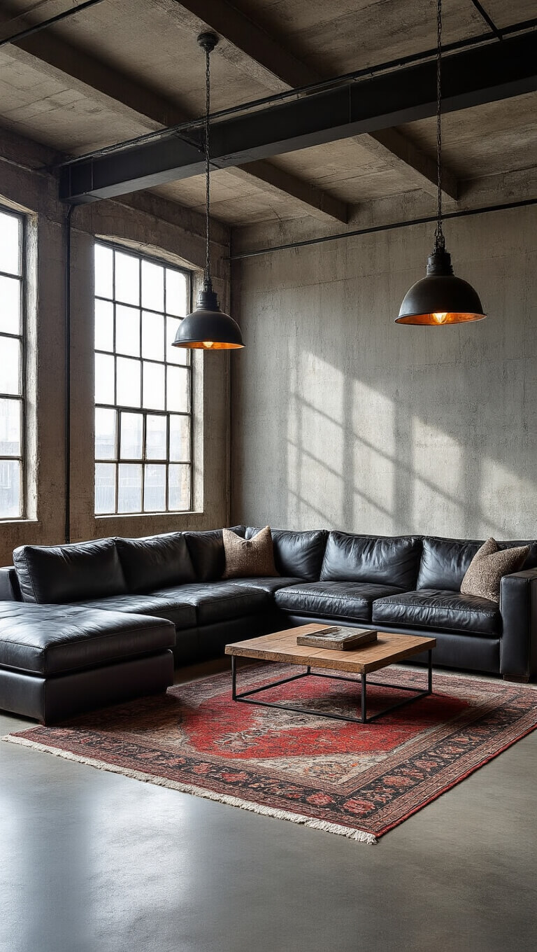 Panoramic view of industrial loft with concrete walls, morning light, charcoal leather sectional, vintage Persian rug, and pendant lights.