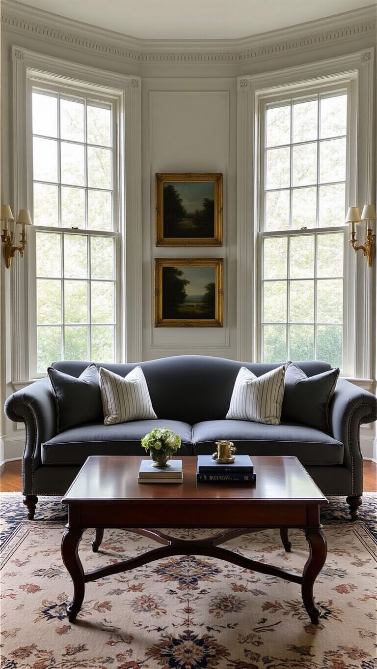 Elegant traditional living room with dark grey English roll arm sofa, mahogany coffee table on oriental rug, bay windows, crown molding, and brass sconces.