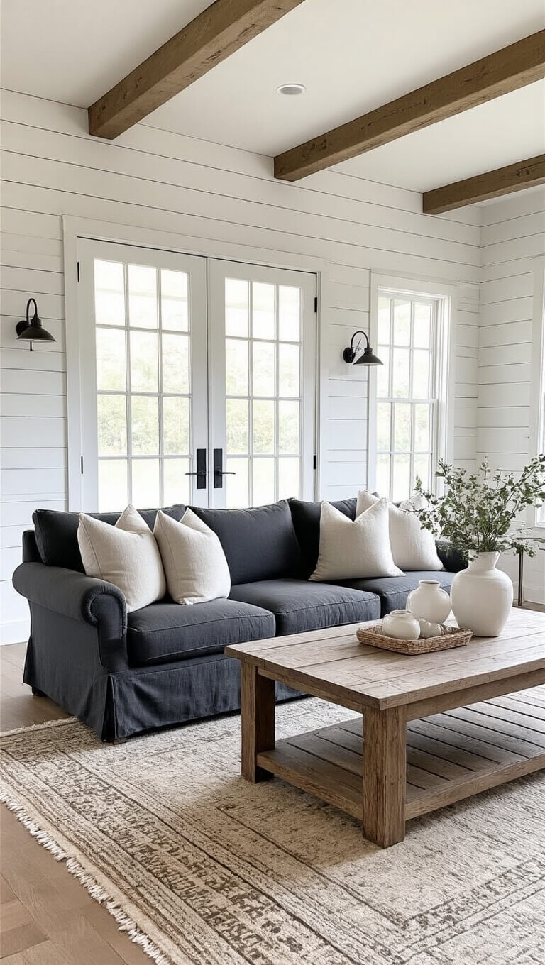 Modern farmhouse living room with charcoal grey sofa, reclaimed wood coffee table, vintage rug, shiplap walls, ceiling beams, and morning light through French doors.