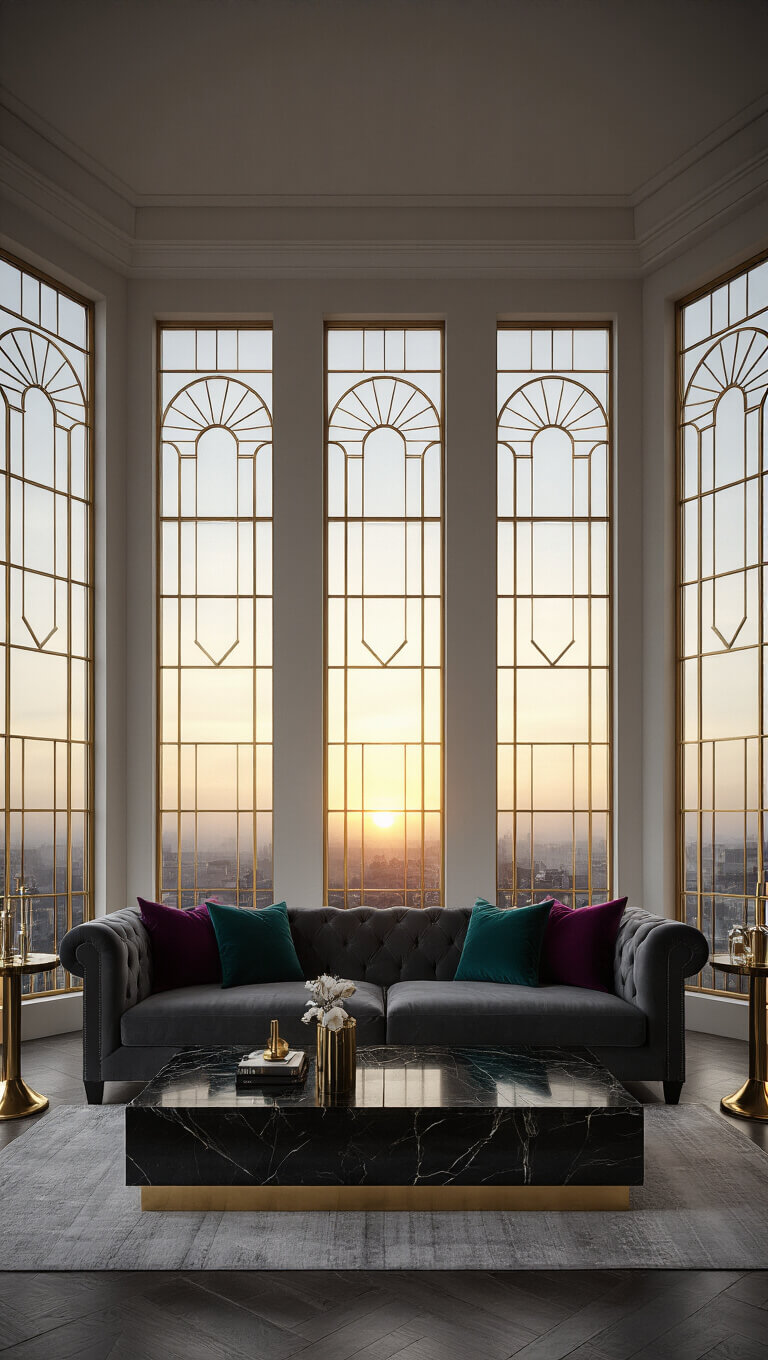 Art Deco living room with stepped ceiling, geometric sunset-lit windows, dark grey tufted sofa, jewel-tone pillows, black marble and brass furniture, dramatic murals, and vintage side lighting.