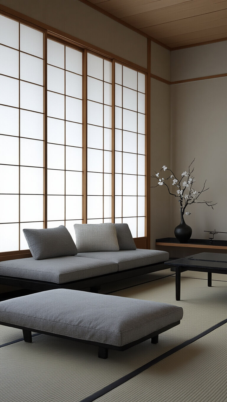 Japanese minimalist room with sliding paper screens, low grey sofa, black bamboo furniture, artistic scroll, and ikebana, bathed in soft natural light.