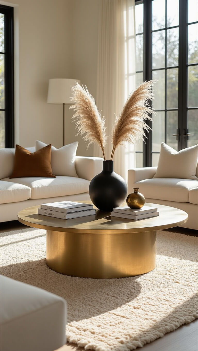 Sunlit contemporary living room with brass coffee table on cream Moroccan rug, styled with books, pampas grass in black vase, and brass accent object.