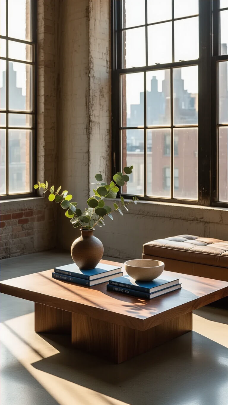 Modernist loft corner with walnut coffee table on concrete floor, afternoon light casting shadows, styled with books, ceramic vessel with eucalyptus, and alabaster bowl.