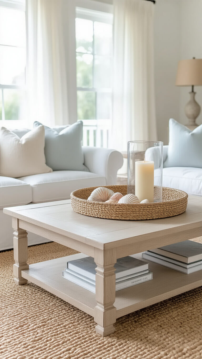 Coastal living room with whitewashed oak coffee table on jute rug, styled with rattan tray, coral-colored books, candle, and seashells in soft morning light.