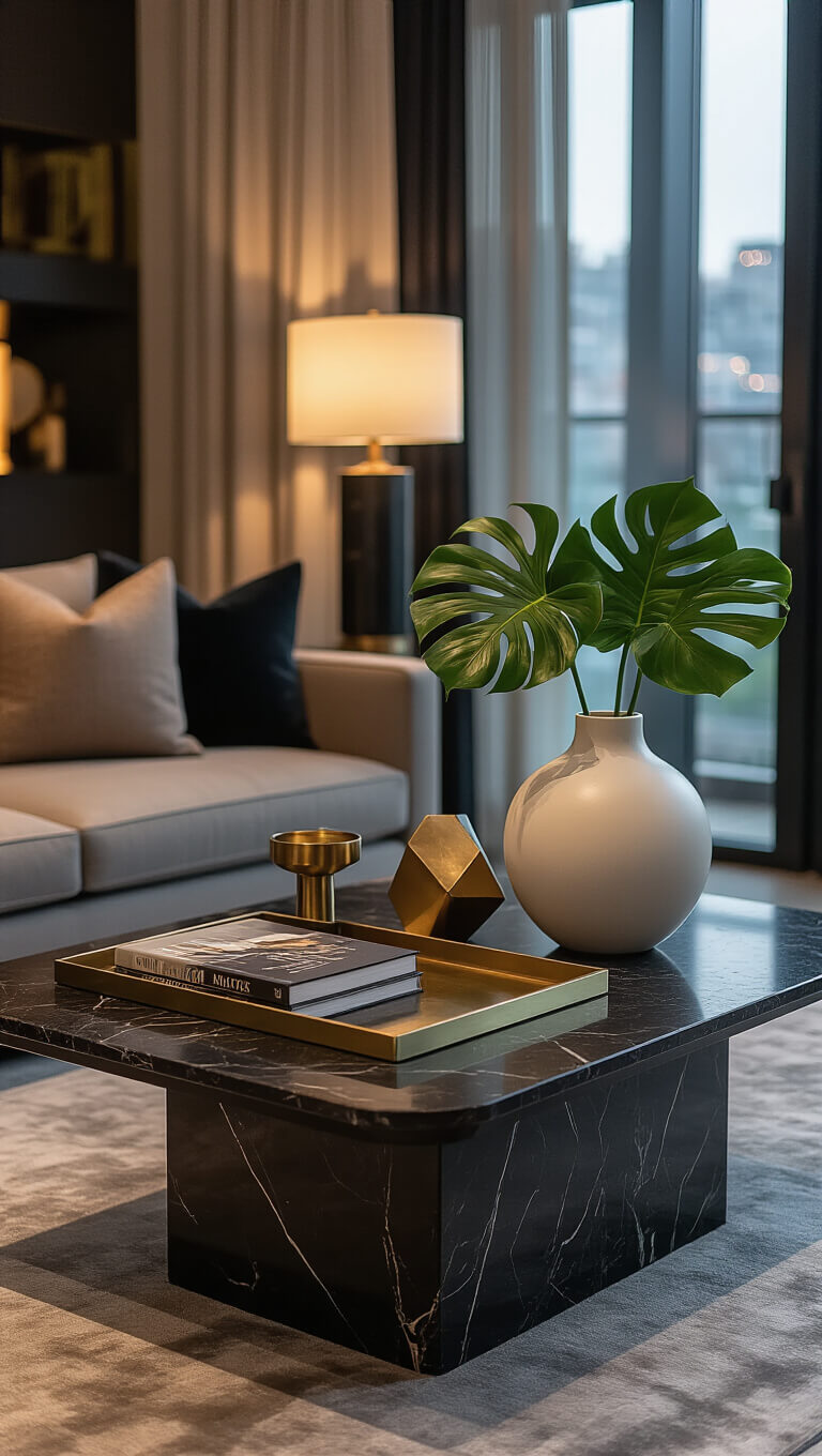 Black marble coffee table in urban apartment styled with brass tray of books, white vase with monstera leaves, and geometric decor, set against moody dusk lighting with warm accent lamps.