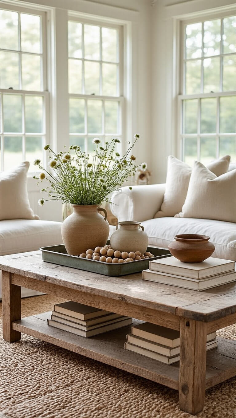 Farmhouse living room with reclaimed wood coffee table, vintage tray, books, pottery with wildflowers, and wooden beads in dappled mid-morning sunlight.