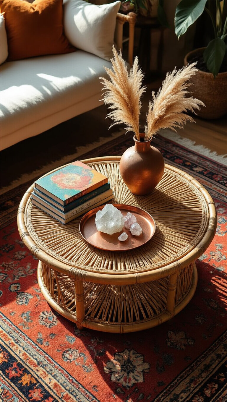 Bohemian living room with rattan coffee table on Persian rug, styled with copper tray, art books, crystals, and pampas grass in ceramic vase, viewed from above in warm afternoon light.