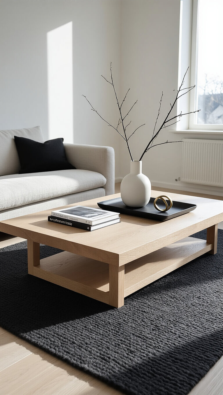 Minimalist Scandinavian living room with pale oak coffee table on charcoal rug, styled with books, vase, tray, and brass sculpture, in soft morning light.