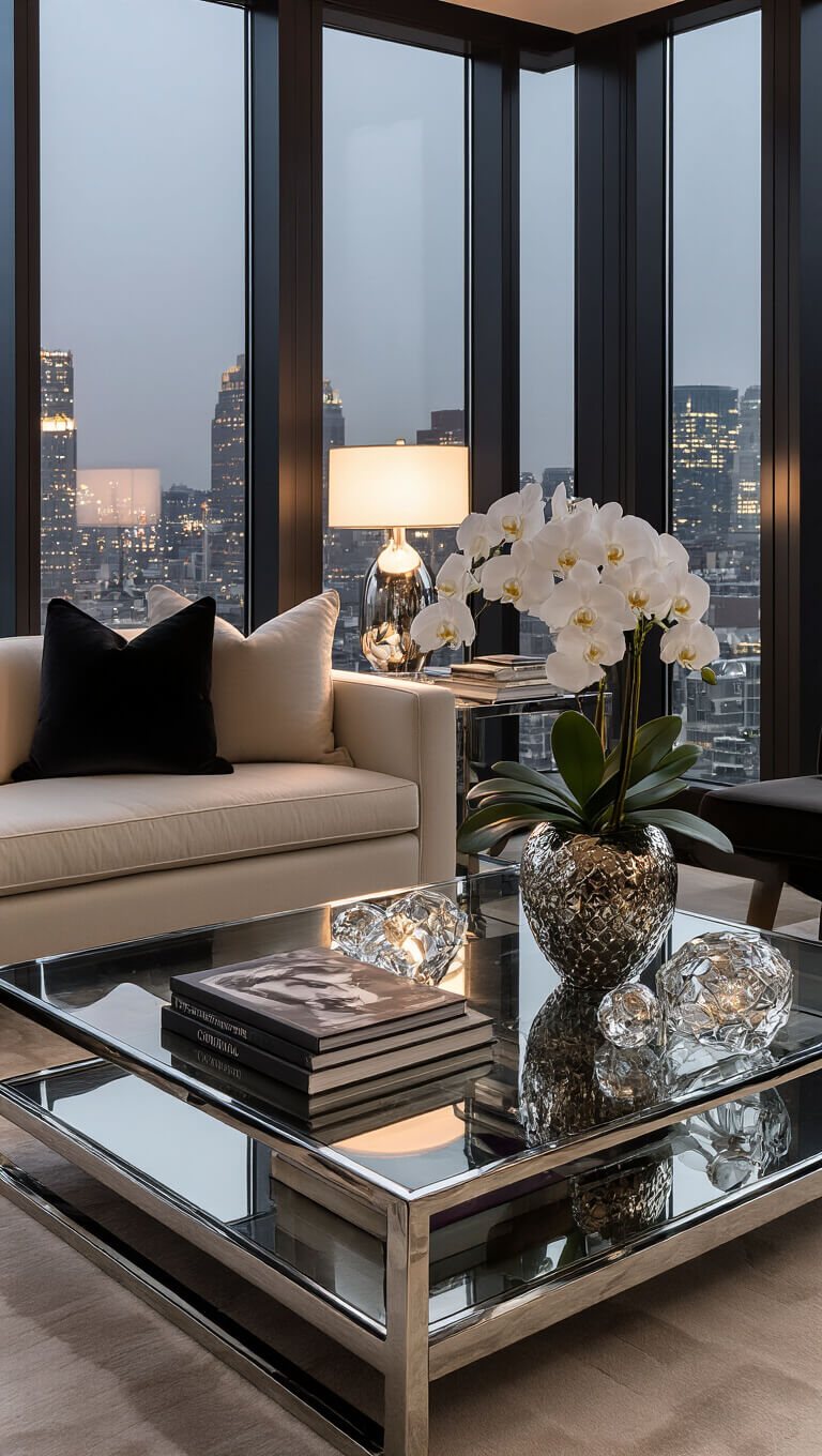 Low-angle view of a luxurious penthouse living room with a smoked glass and chrome coffee table, styled with silver decor, fashion books, orchids in an art deco vase, and crystal accents, reflecting evening city lights.