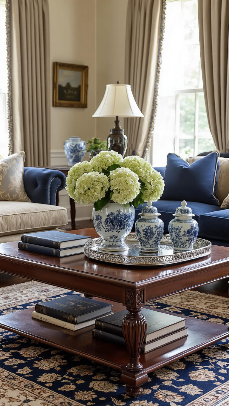 Traditional formal living room with mahogany coffee table on oriental rug, silver tray, books, ginger jars, and hydrangeas, lit by afternoon light through silk drapes.