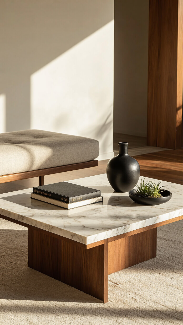 Mid-century modern living room with walnut and marble coffee table, dramatic shadows, geometric decor, and warm tones of wood, cream, and matte black.