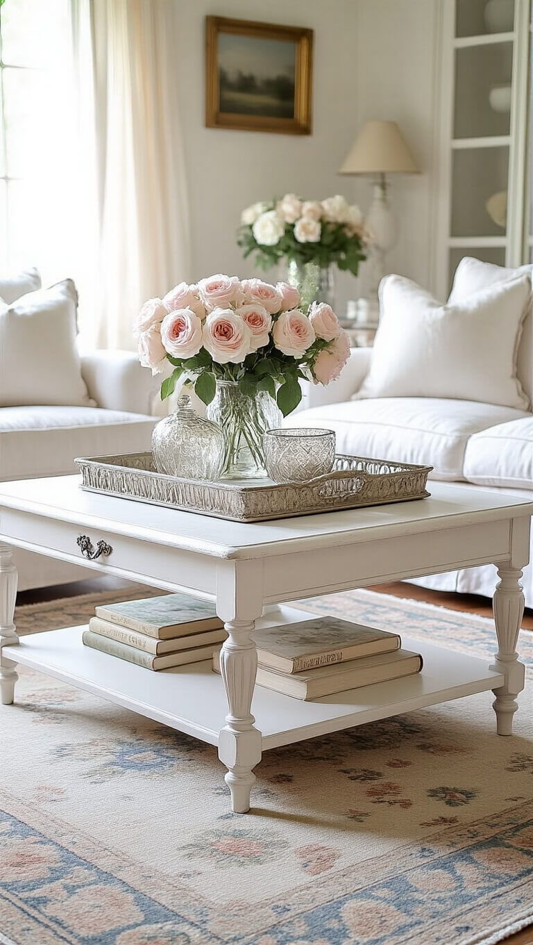 French country living room with white coffee table on faded aubusson rug, styled with tray, books, mercury glass, and garden roses in soft morning light.