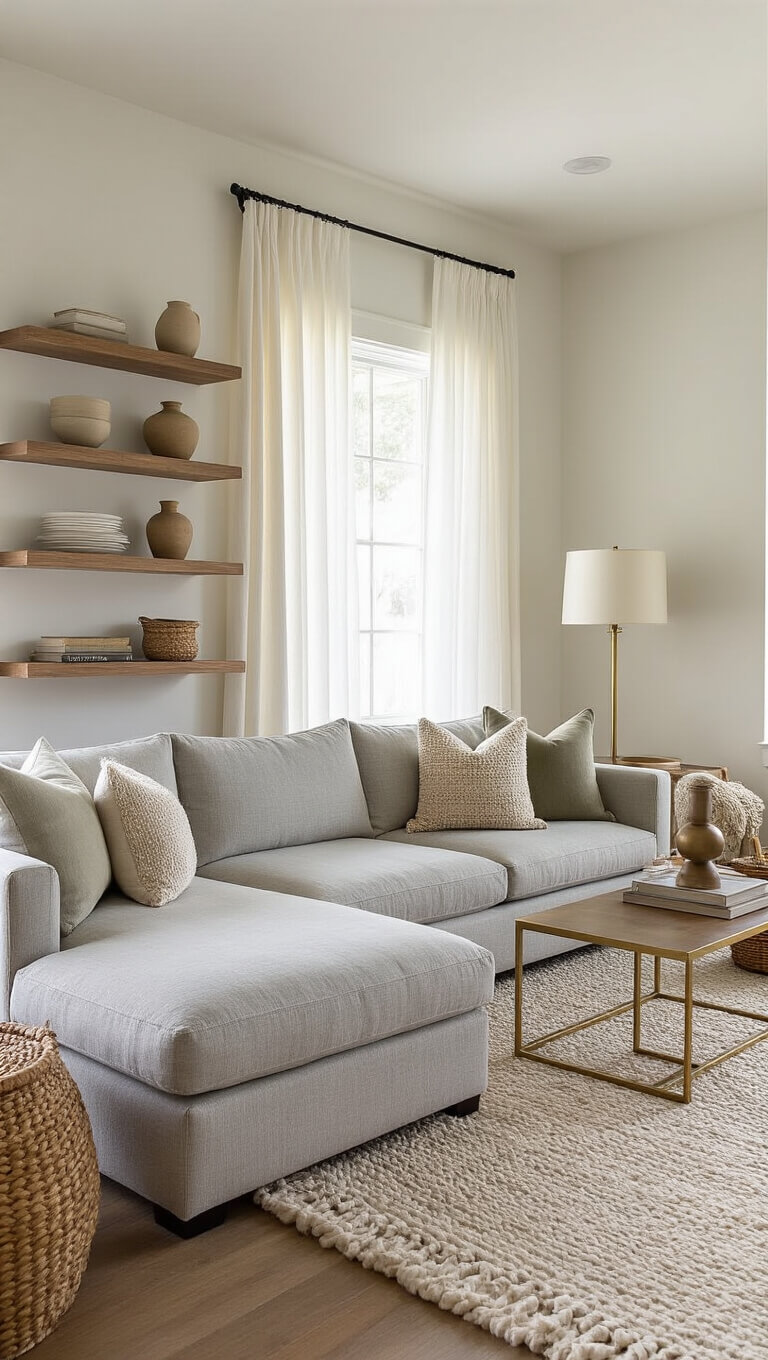 Bright 12x14ft living room with light gray chaise sofa, brass nesting tables, ivory wool rug, and walnut shelves, bathed in golden hour light through sheer curtains.