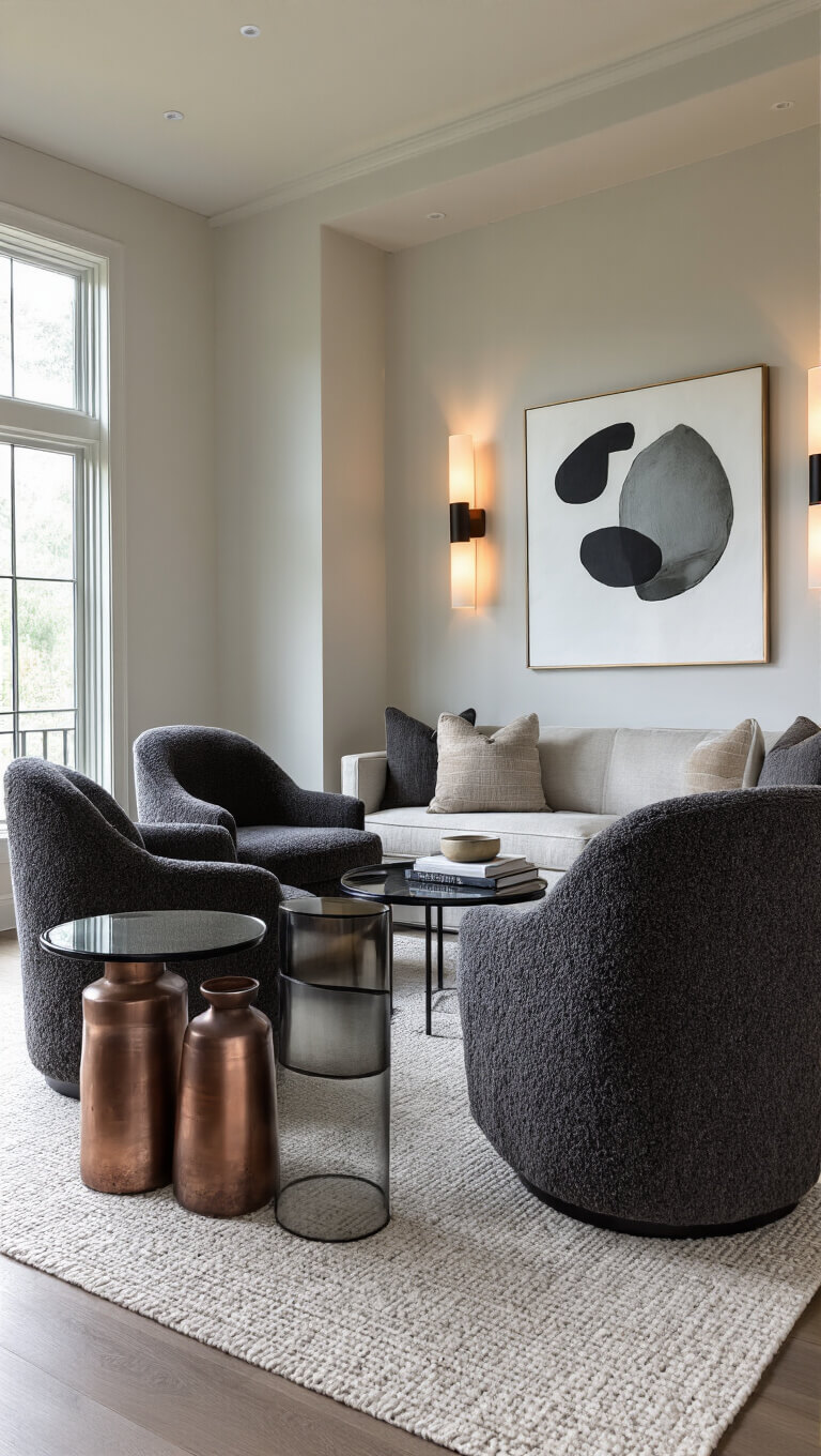 Modern living room with charcoal bouclé armchairs, compact sofa, and smoked glass nesting tables, lit by dramatic window light and wall-mounted LED sconces, featuring warm gray, black, ivory, and copper accents with styled vignettes.
