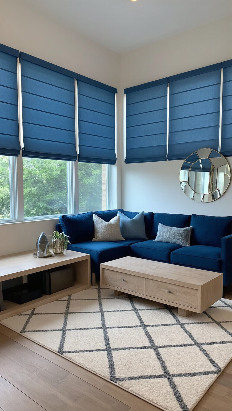 Dusk-lit modern room with blue and warm lighting, featuring a marine blue velvet sectional, floating bleached oak media console, geometric rug, and mirrored wall art.