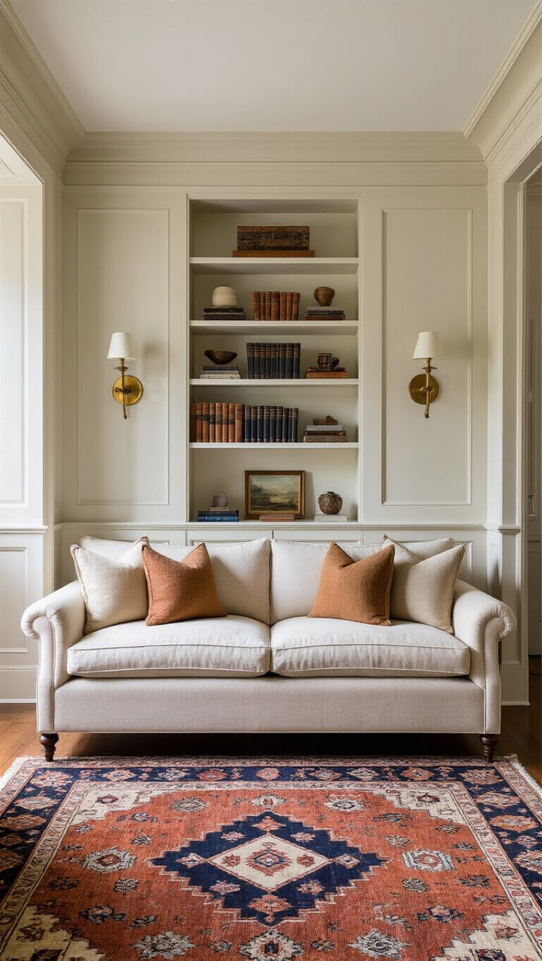Cozy morning-lit interior with oatmeal linen English roll-arm sofa, brass sconces, vintage Persian rug over sisal, and styled built-in bookshelf in cream, rust, navy, and brass tones.