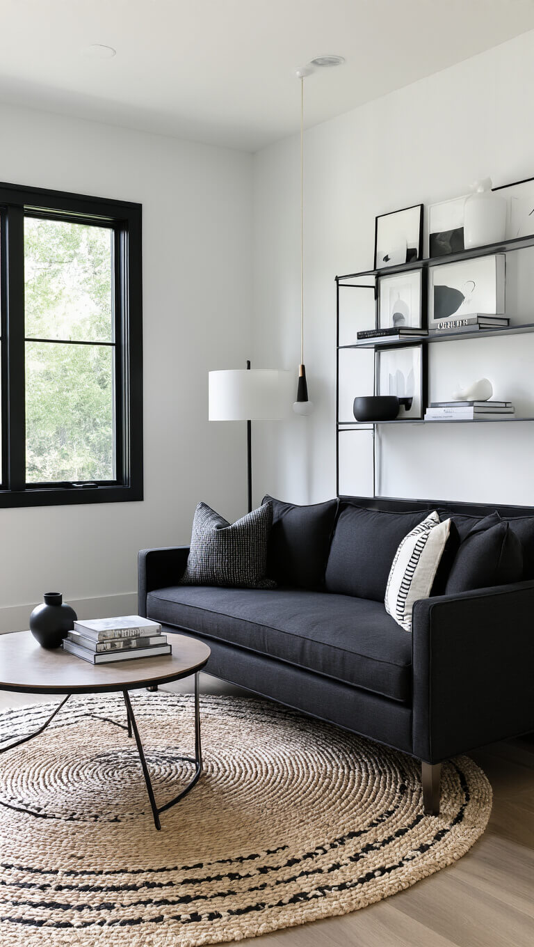 High-contrast modern living room with charcoal tuxedo sofa facing tall black-framed windows, minimalist black shelving, layered rugs, and sleek lighting accents.