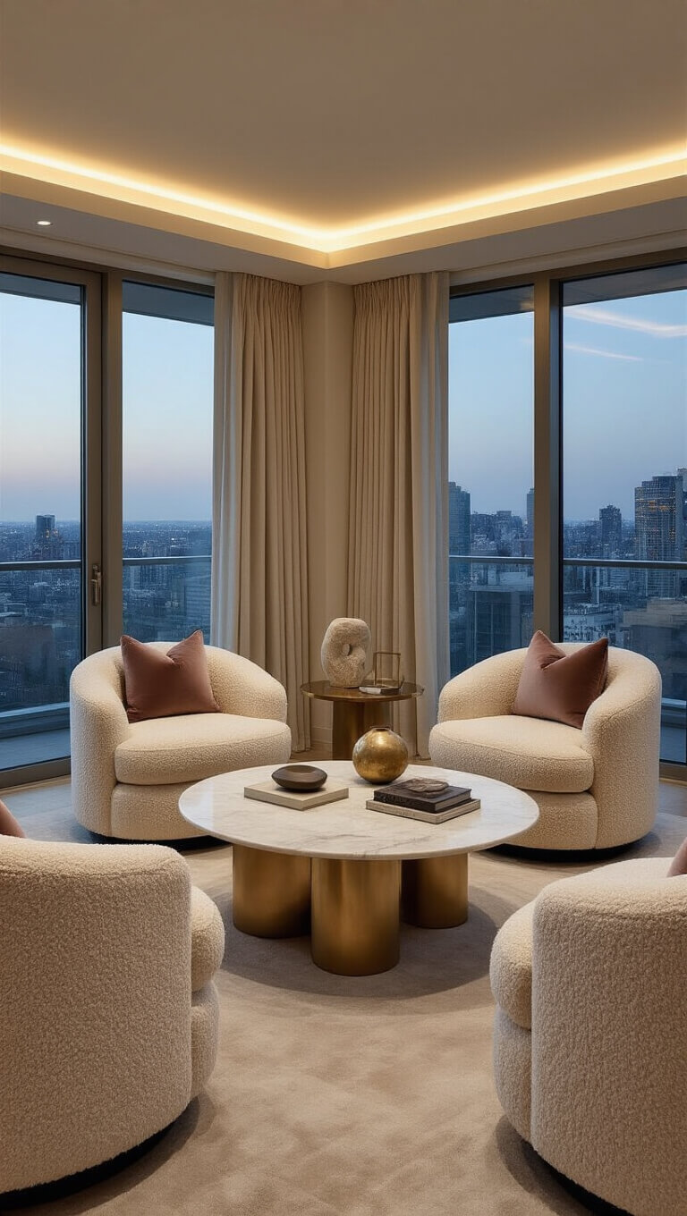 Elegant corner living space with bouclé swivel chairs, marble oval coffee table, LED cove lighting, and sheer curtains framing city view in neutral tones with mauve accents.