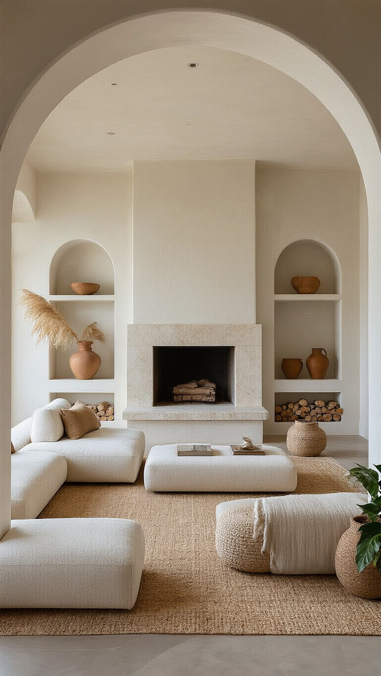 Midday interior of a 13x14ft room with ivory modular sofa facing stone fireplace, pampas grass, built-in pottery niches, and mixed materials in warm, balanced lighting.