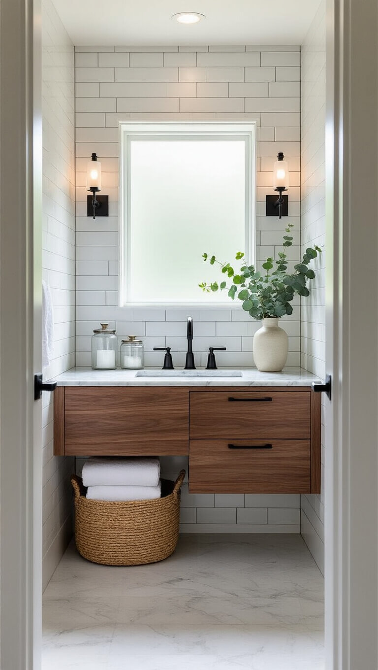 Modern bright bathroom with white subway tiles, floating walnut vanity, black fixtures, and sunlight streaming through frosted window.
