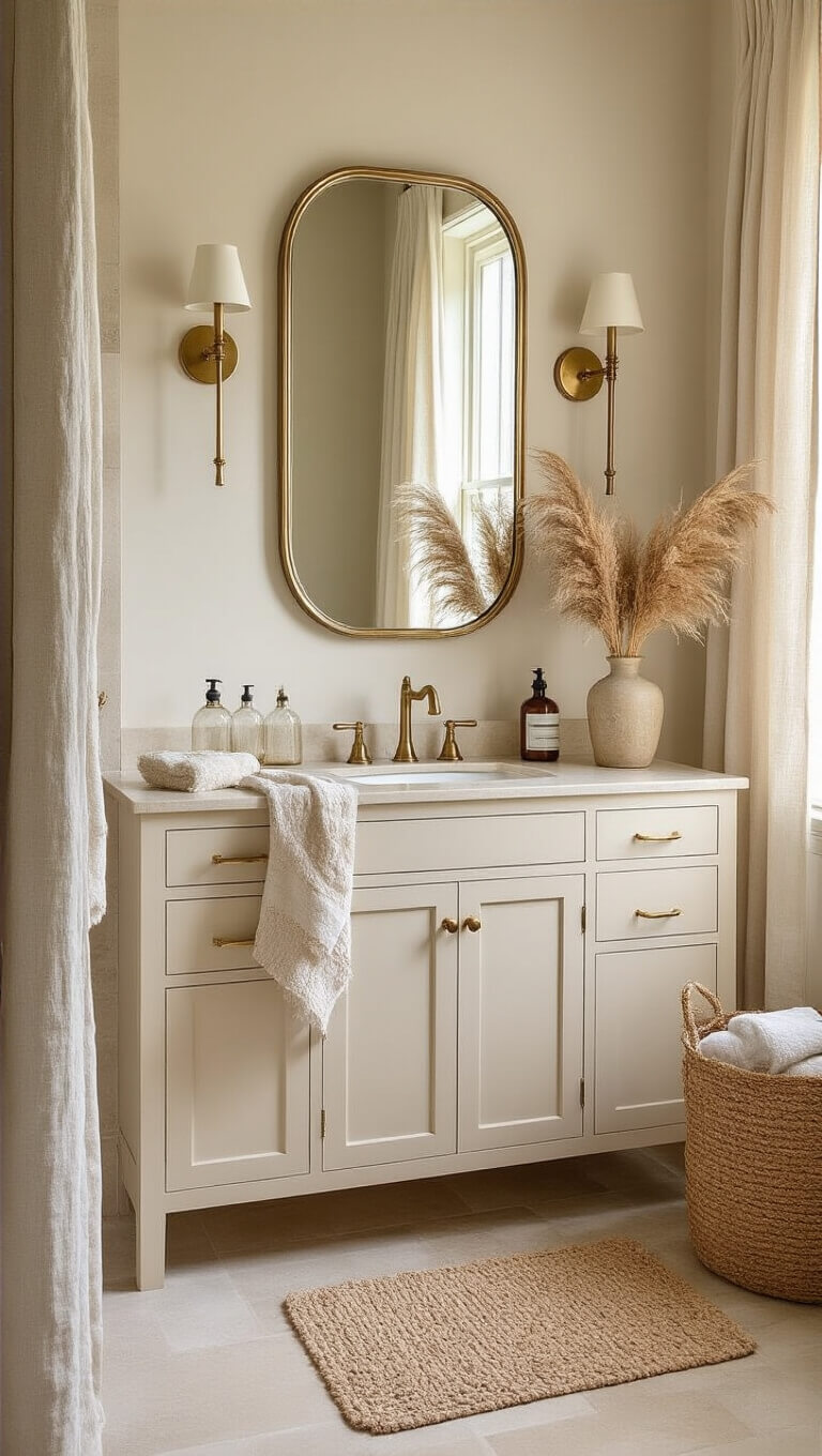 Luxurious 6x8 bathroom at golden hour with cream limestone vanity, vintage brass sconces, oval mirror, and layered natural textures in warm light.