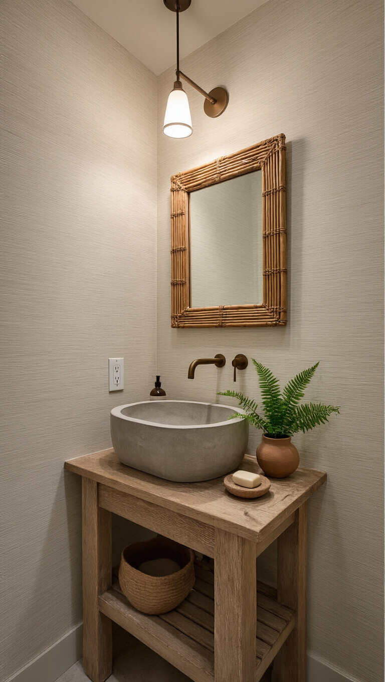 Cozy powder room with warm white grasscloth walls, concrete vessel sink on weathered oak console, aged brass faucet, rattan-framed mirror, and moody dusk lighting.