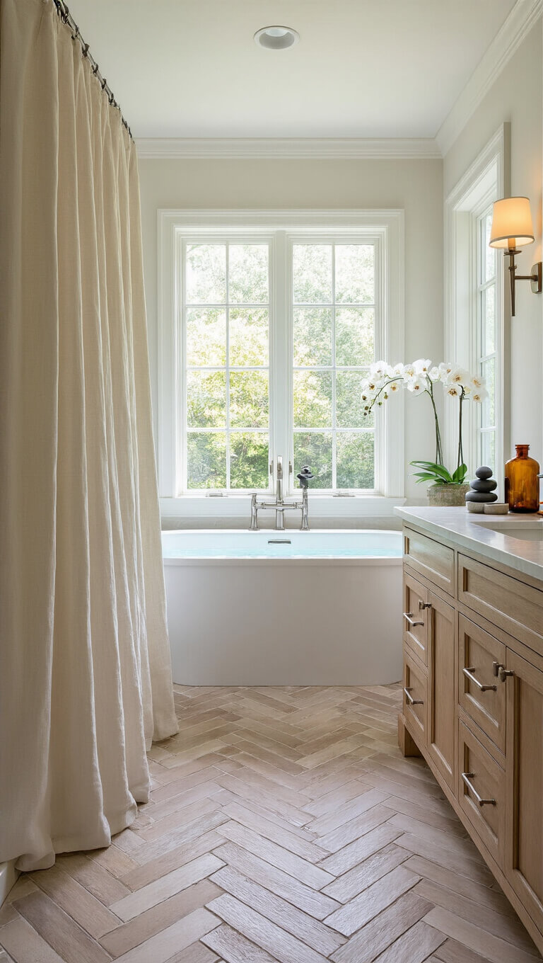 Peaceful master bathroom with herringbone marble floors, freestanding tub under window, white oak double vanity, and soft morning light.
