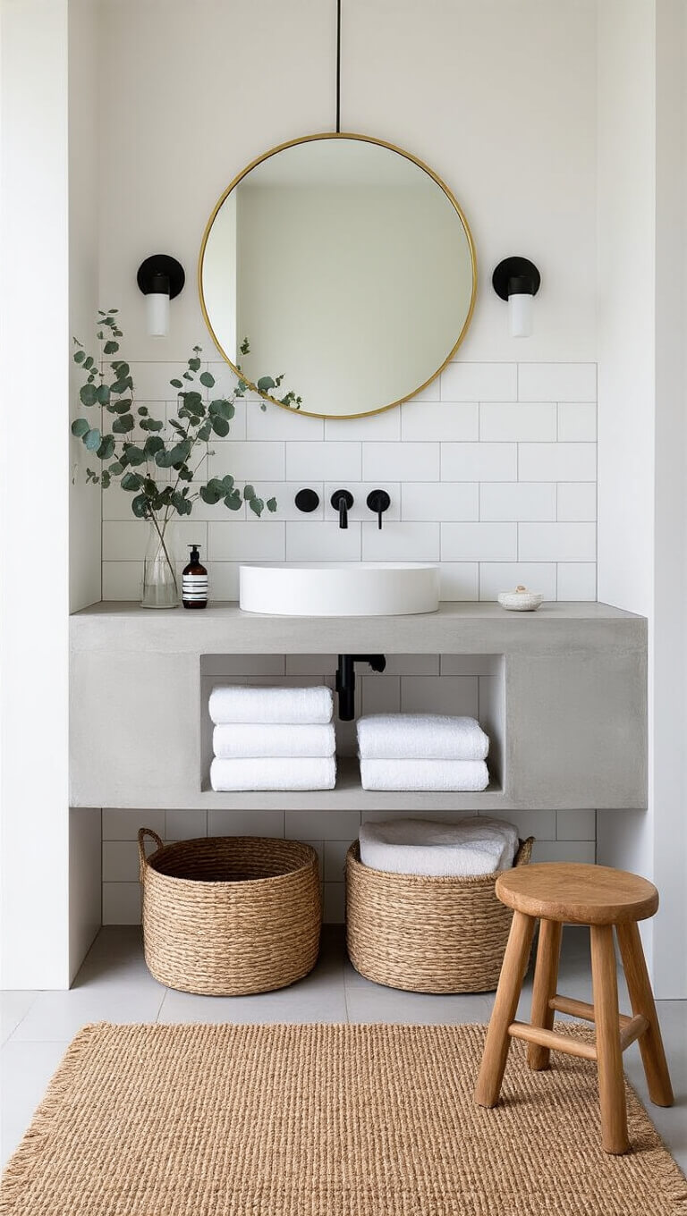 Modern 7x9' bathroom with white tiled walls, concrete floating vanity, brass mirror, black fixtures, natural accents, and soft natural light.