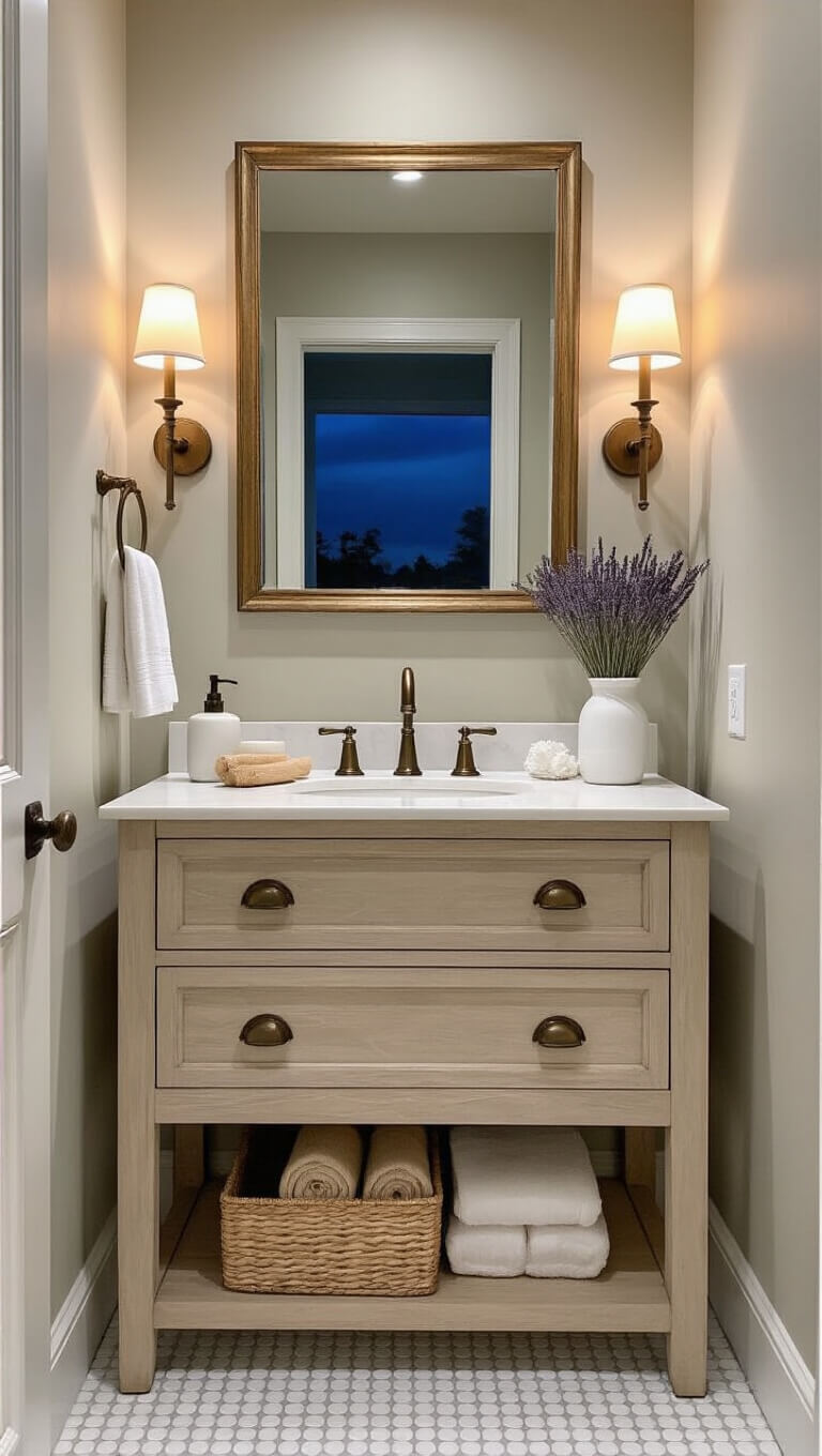 Cozy 6x7' guest bathroom at twilight with greige limewash walls, white penny tile floor, pale oak vanity, antique brass accents, and ambient alabaster sconce lighting.