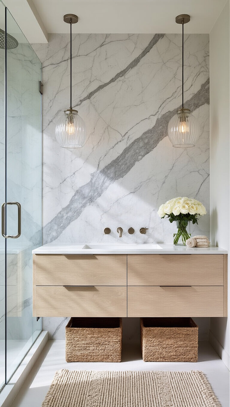 Modern urban bathroom with marble feature wall, floating oak vanity, and glass shower, accented by ribbed glass lights, wool bath mat, and fresh white roses.