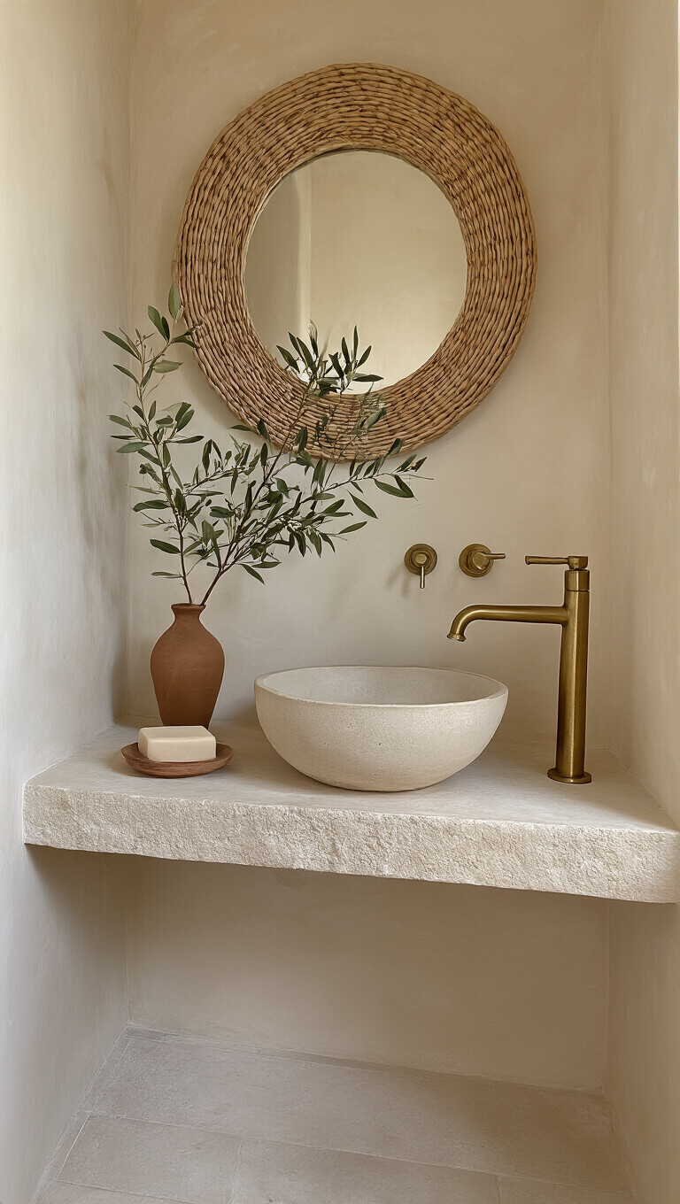 Small ivory Venetian plaster powder room with limestone floating vanity, ceramic vessel sink, brass wall faucet, olive branch in vase, soap dish, and rattan mirror in soft morning light.
