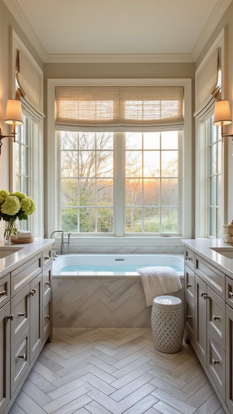 Spacious master bathroom at sunset with chevron marble floors, soaking tub by corner windows, double grey oak vanity with marble top, and soft layered textures in warm evening light.