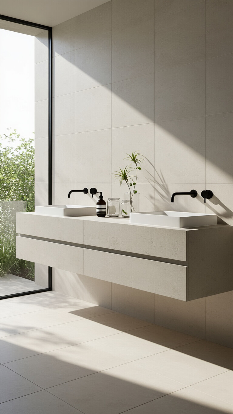 Modern minimal bathroom with warm white porcelain tiles, floating concrete double vanity, matte black fixtures, and natural light creating crisp shadows.