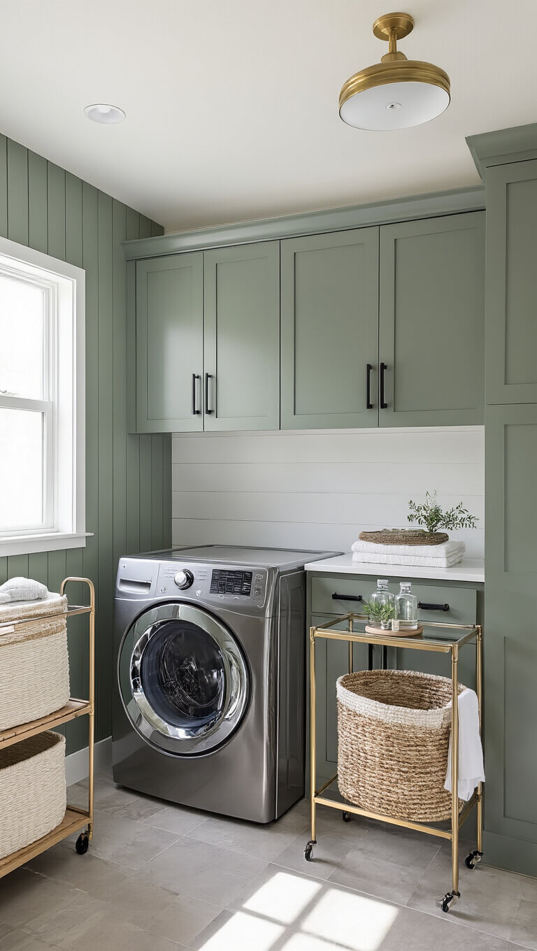 Modern sunlit laundry room with stacked silver machines, sage green shiplap wall, floating graphite cabinets, brass cart, and woven baskets under quartz counter.